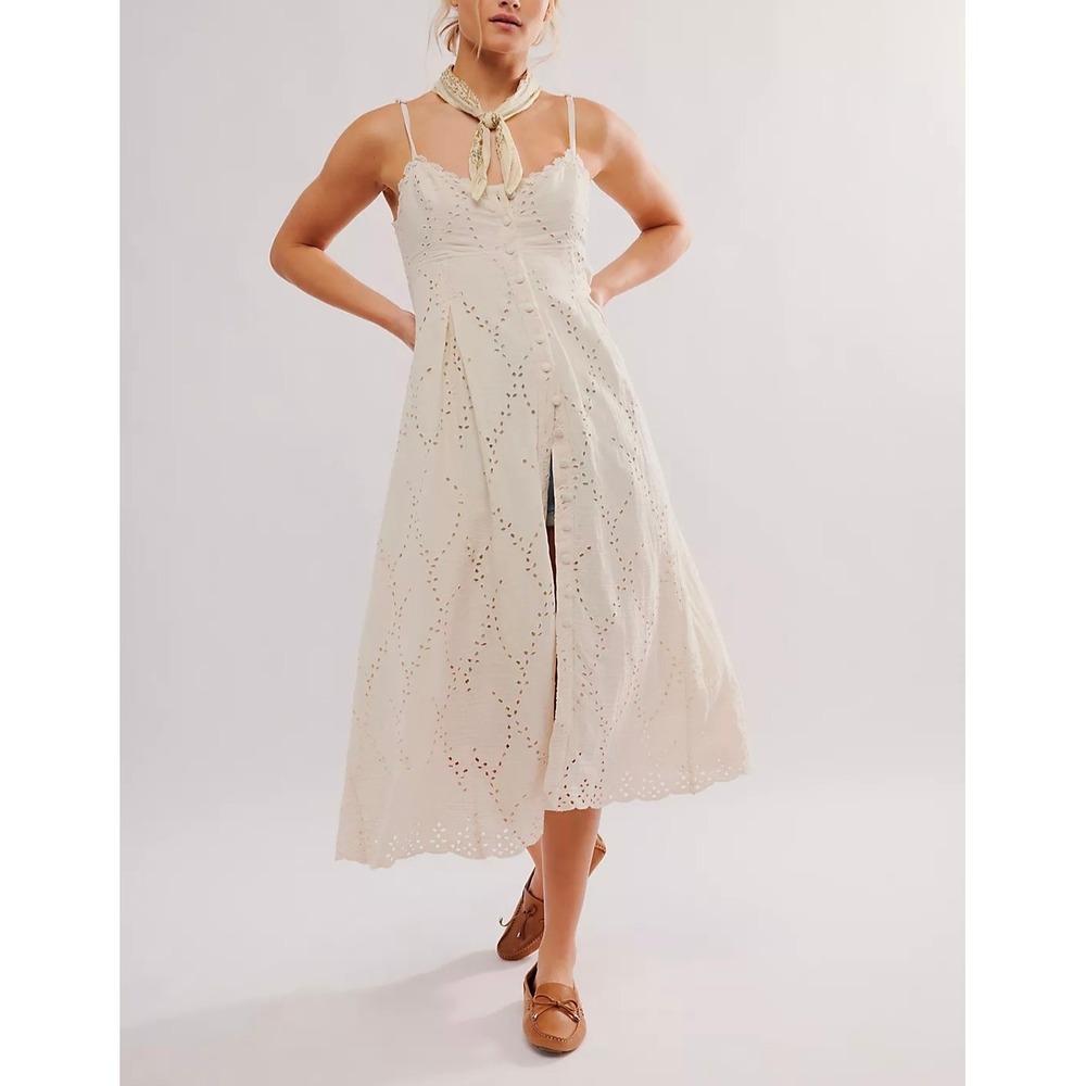Free People Getaway Midi Eyelet Dress Button Front/Tie Back Boho Cream Medium